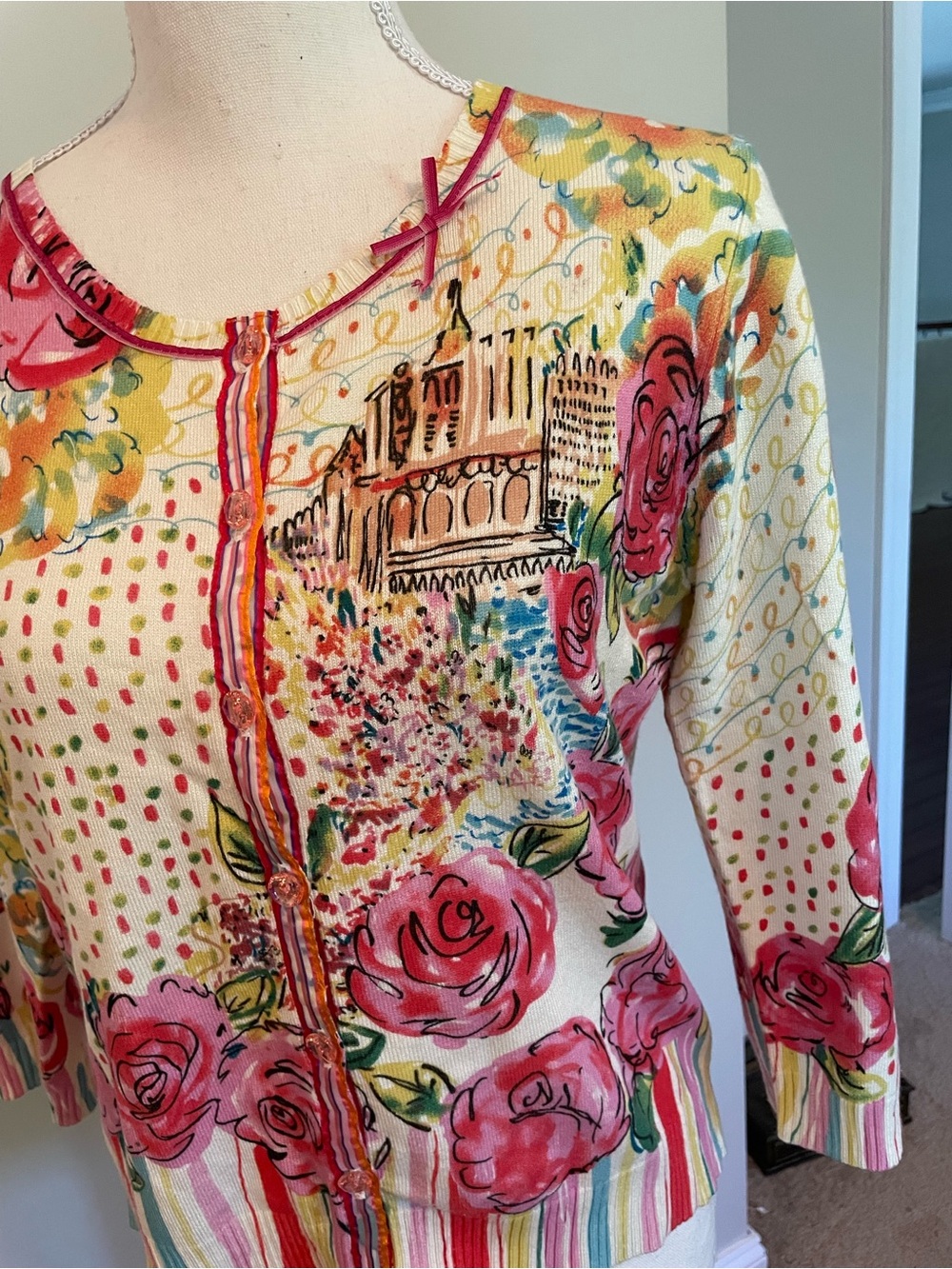 Anthropology Button up Sweater with Ribbon detail, Artsy, size L - Picture 2 of 11